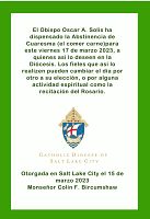 El Obispo Oscar A. Solis ha dispensado la Abstinencia de Cuaresma para 17 de marzo