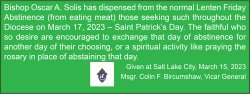 Dispensation from Lenten Friday Abstinence for Saint Patrick's Day