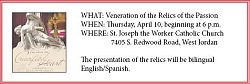 St. Joseph the Worker Parish to host relics of Christ�s Passion on April 10