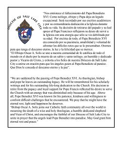El Obispo Oscar A. Solis exhorta a los fieles de nuestra Di&oacute;cesis de Salt Lake City a unirse en oraci&oacute;n para que los &aacute;ngeles gu&iacute;en al Papa Benedicto al para&iacute;so