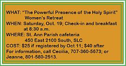 Women�s retreat on the Holy Spirit scheduled