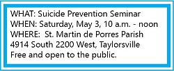 Suicide prevention seminar to be offered to reduce suicide attempts, deaths and stigma